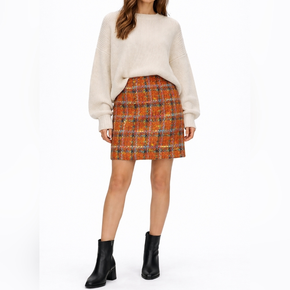 VINTAGE Tweed Pencil Skirt | 8 | Multicolor Plaid | Textured Retro Preppy